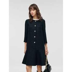 Goelia Tweed A-Line Ruffle Collared Women Black Midi Dress Sz XL NWT